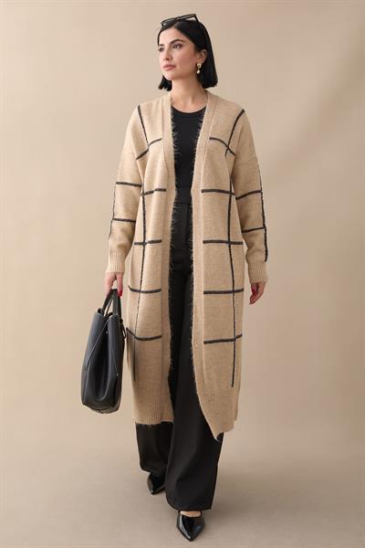 Sim Şeritli Bej Triko Hırka