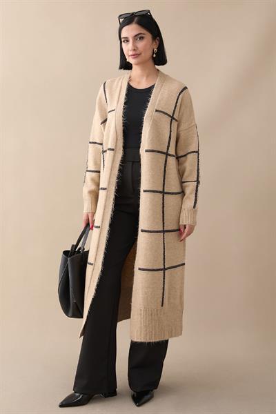 Sim Şeritli Bej Triko Hırka