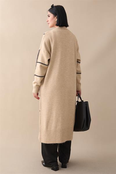 Sim Şeritli Bej Triko Hırka