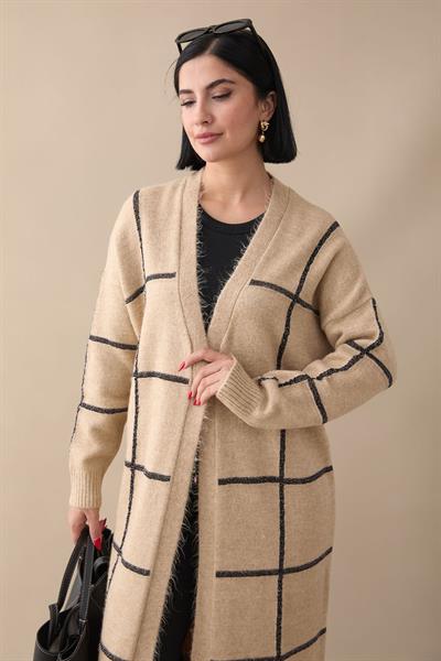 Sim Şeritli Bej Triko Hırka