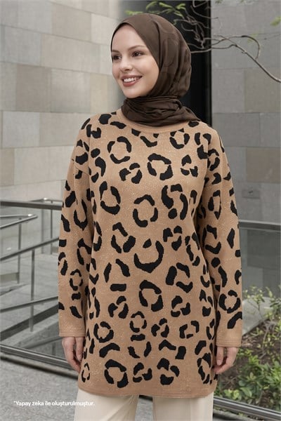Shimmer Patterned Camel Knit Sweater
