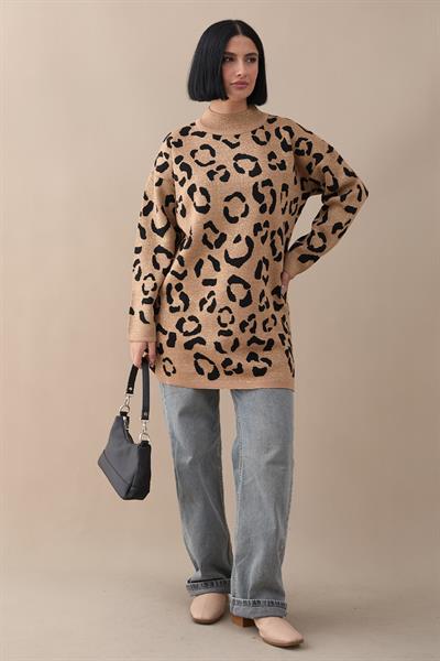 Simli Desenli Camel Triko Kazak