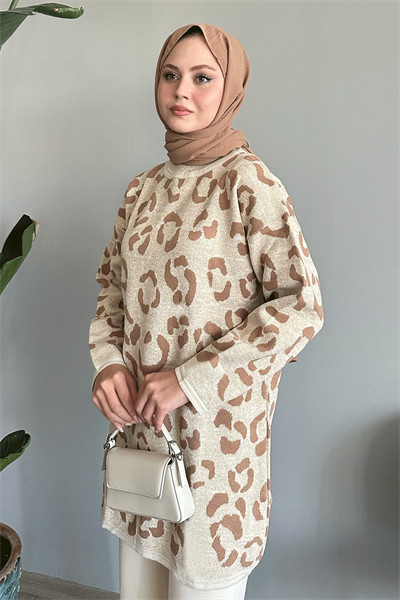 Simli Desenli Ekru Triko Kazak