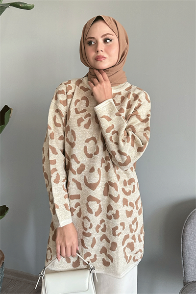 Simli Desenli Ekru Triko Kazak