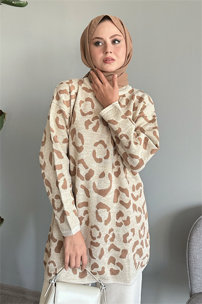 Simli Desenli Ekru Triko Kazak