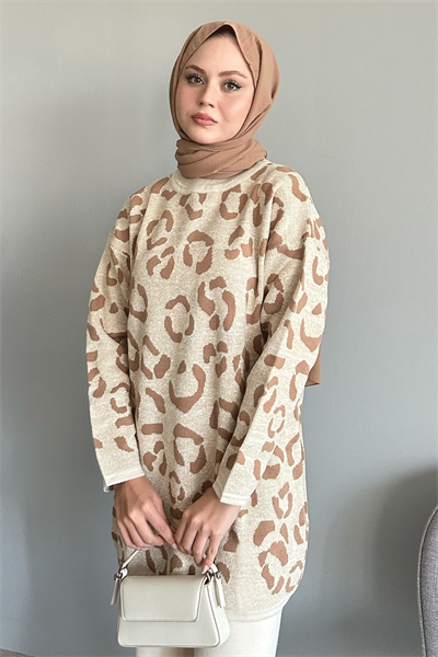 Simli Desenli Ekru Triko Kazak
