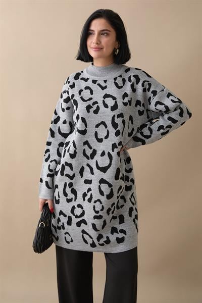 Simli Desenli Gri Triko Kazak