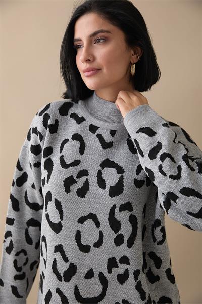 Simli Desenli Gri Triko Kazak