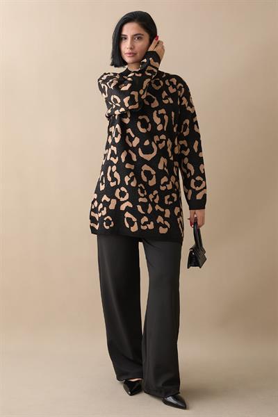 Simli Desenli Siyah Triko Kazak