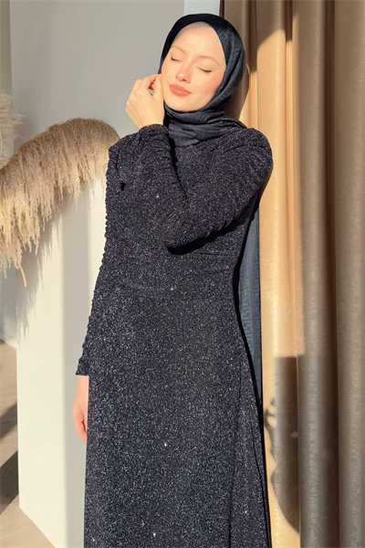 Simli Kruvaze Büzgülü Lacivert Elbise