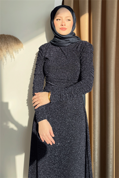 Simli Kruvaze Büzgülü Lacivert Elbise