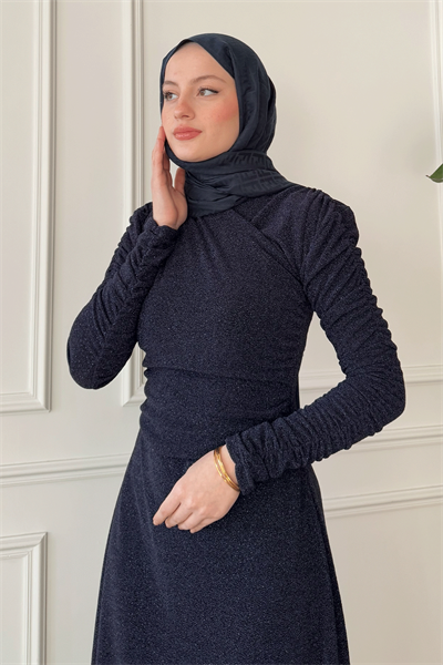 Simli Kruvaze Büzgülü Lacivert Elbise