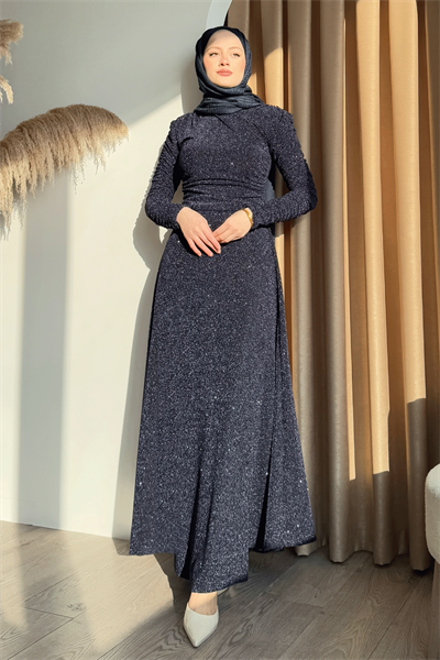 Simli Kruvaze Büzgülü Lacivert Elbise