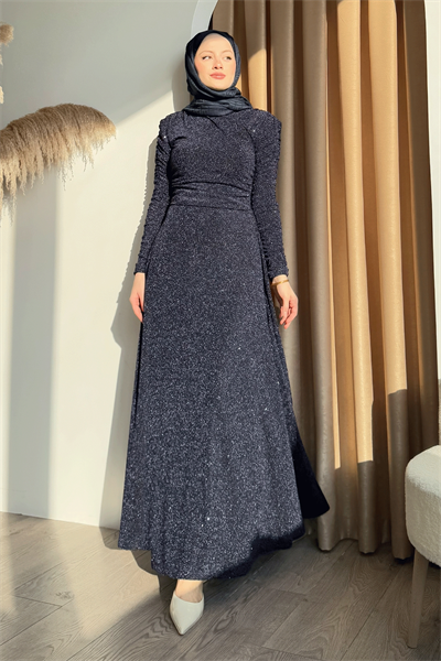 Simli Kruvaze Büzgülü Lacivert Elbise