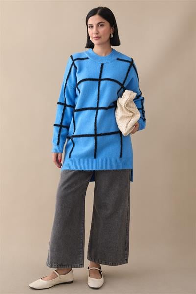 Simli Yumoş Mavi Triko Tunik