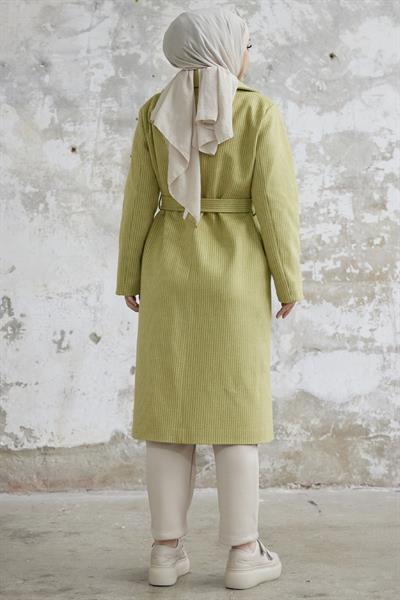 Simon Çizgili Desen Kuşaklı Kaşe Kaban - Fıstık Yeşili