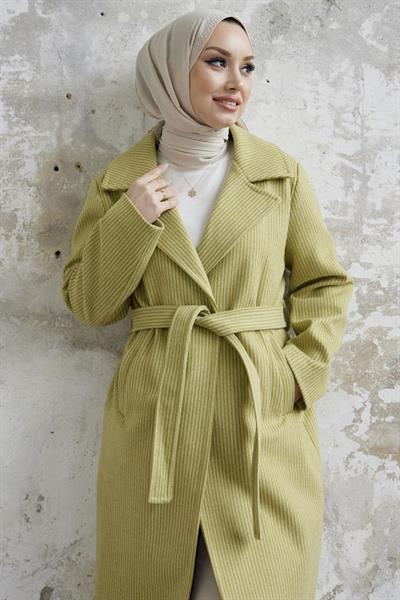 Simon Çizgili Desen Kuşaklı Kaşe Kaban - Fıstık Yeşili