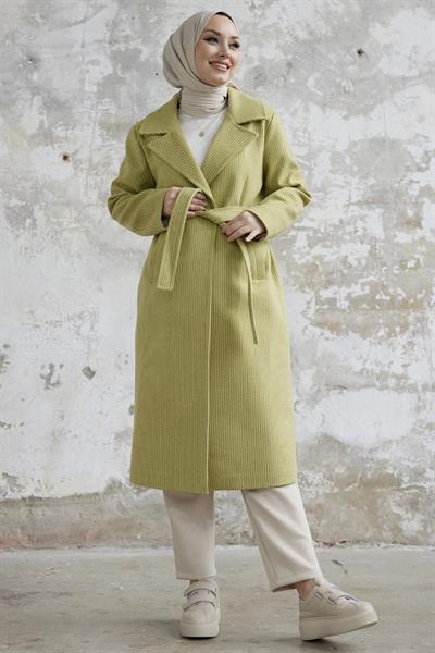 Simon Çizgili Desen Kuşaklı Kaşe Kaban - Fıstık Yeşili