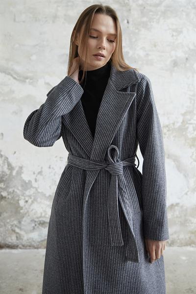 Simon Çizgili Desen Kuşaklı Kaşe Kaban - Gri