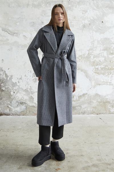 Simon Çizgili Desen Kuşaklı Kaşe Kaban - Gri