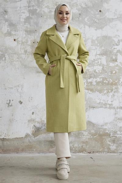 Simon Çizgili Desen Kuşaklı Kaşe Kaban - Fıstık Yeşili