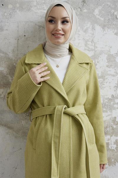 Simon Çizgili Desen Kuşaklı Kaşe Kaban - Fıstık Yeşili