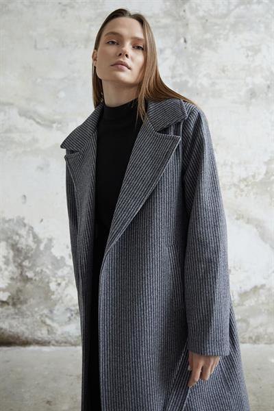 Simon Çizgili Desen Kuşaklı Kaşe Kaban - Gri