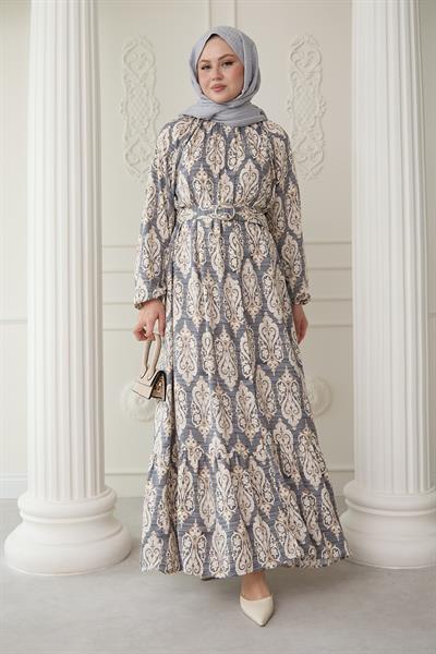 Sıralı Etnik Desen Gri Viskon Elbise