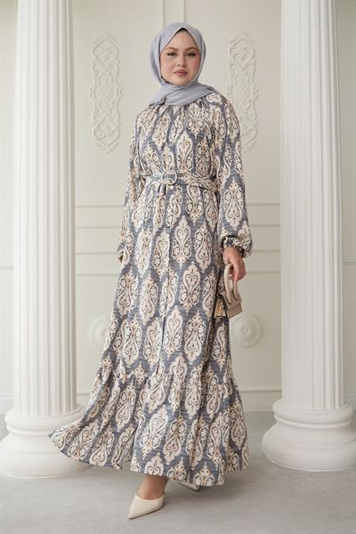 Sıralı Etnik Desen Gri Viskon Elbise