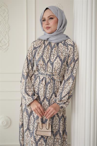 Sıralı Etnik Desen Gri Viskon Elbise