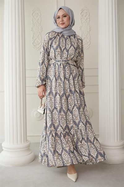 Sıralı Etnik Desen Gri Viskon Elbise
