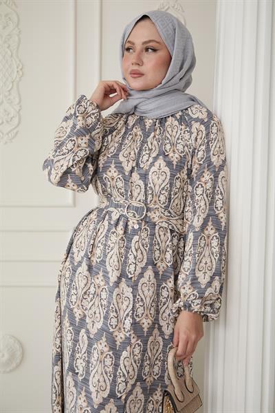 Sıralı Etnik Desen Gri Viskon Elbise