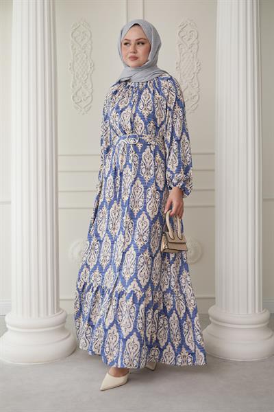 Sıralı Etnik Desen İndigo Viskon Elbise