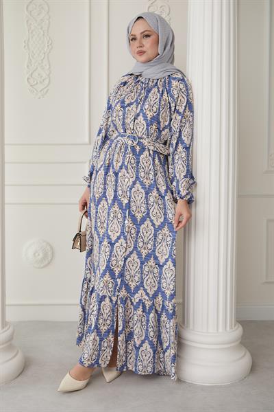 Sıralı Etnik Desen İndigo Viskon Elbise