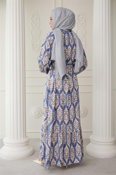 Sıralı Etnik Desen İndigo Viskon Elbise