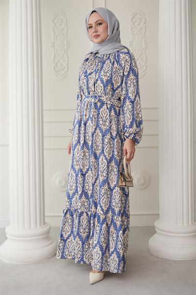 Sıralı Etnik Desen İndigo Viskon Elbise