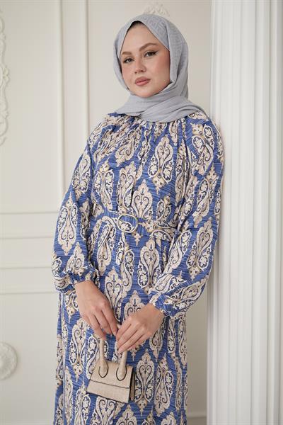 Sıralı Etnik Desen İndigo Viskon Elbise