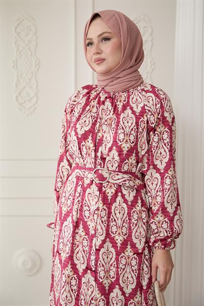 Sıralı Etnik Desen Pembe Viskon Elbise