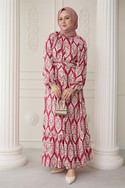 Sıralı Etnik Desen Pembe Viskon Elbise