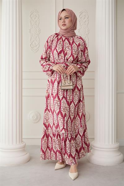 Sıralı Etnik Desen Pembe Viskon Elbise