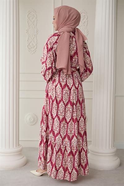 Sıralı Etnik Desen Pembe Viskon Elbise