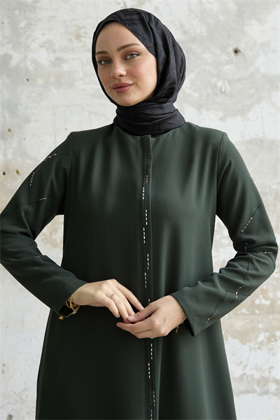 Sıralı Taş Nakışlı Haki Ferace