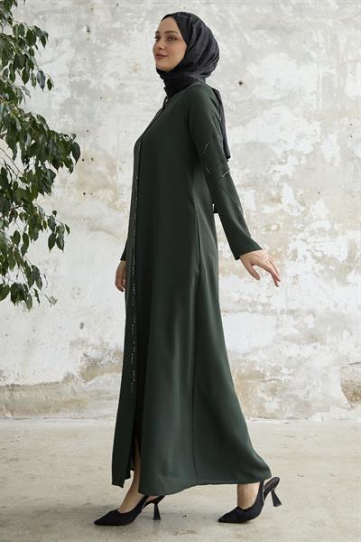 Sıralı Taş Nakışlı Haki Ferace