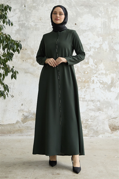 Sıralı Taş Nakışlı Haki Ferace