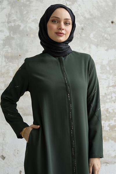 Sıralı Taş Nakışlı Haki Ferace