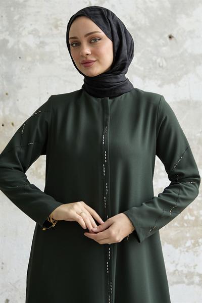 Sıralı Taş Nakışlı Haki Ferace