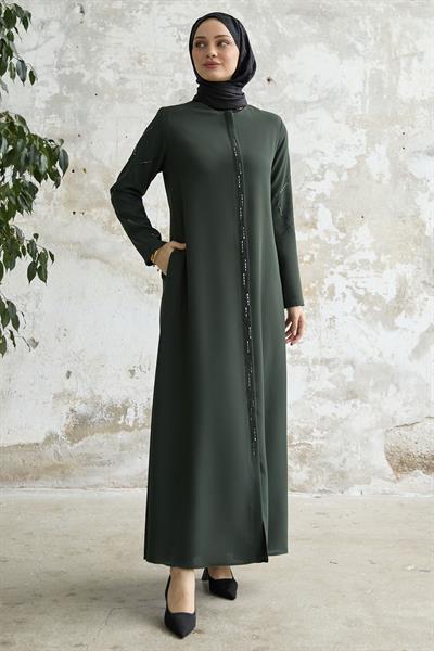 Sıralı Taş Nakışlı Haki Ferace