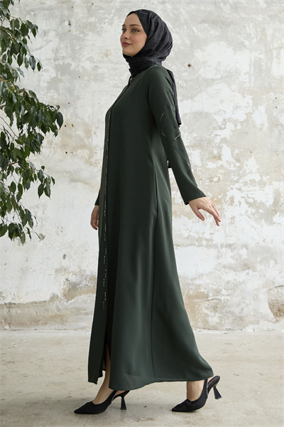 Sıralı Taş Nakışlı Haki Ferace