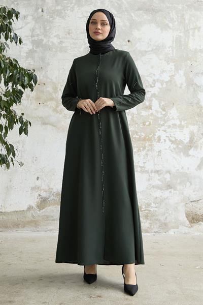 Sıralı Taş Nakışlı Haki Ferace