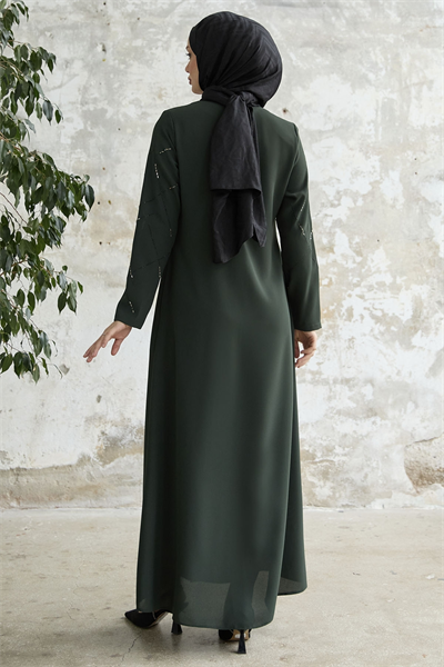 Sıralı Taş Nakışlı Haki Ferace